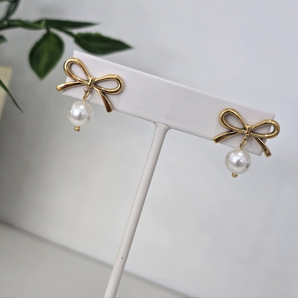 Gold Bow Pearl Earrings Dainty Stud Bridal Coquette Jewelry